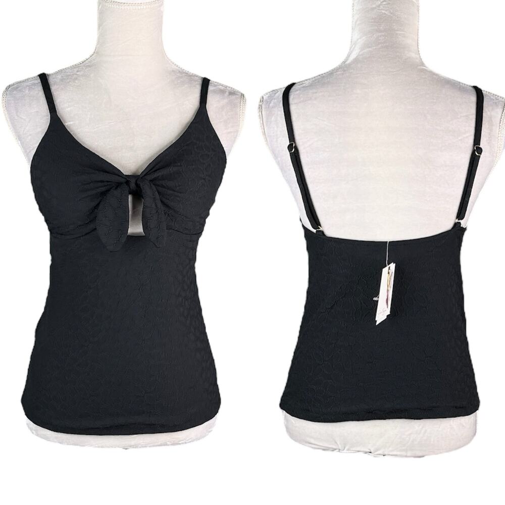 Jessica Simpson Rose Bay Textured Tie-Front Tankini Top M Black New
